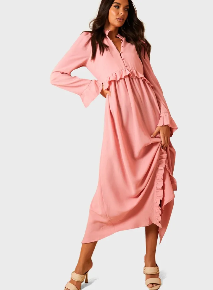 Button Down Frill Asymmetric Hem Dress