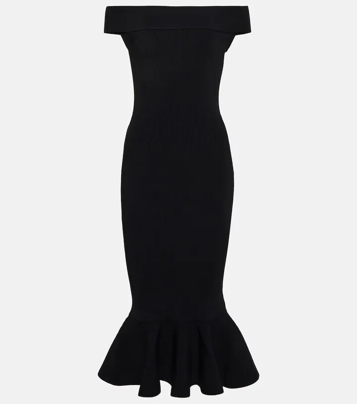 Off-shoulder ribbed midi dress