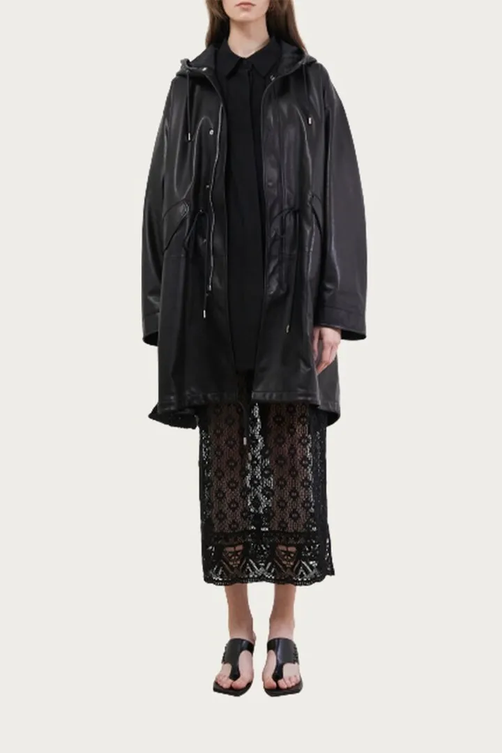 Hooded Lambskin Leather Coat in Black