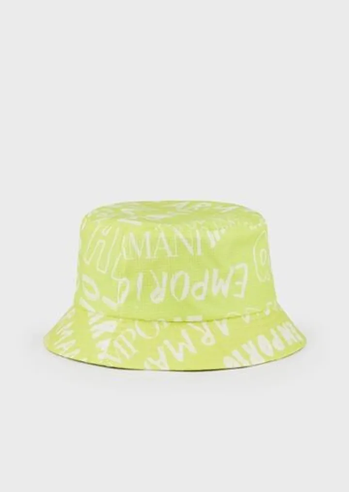Nylon cloche hat with all-over EA Crew lettering