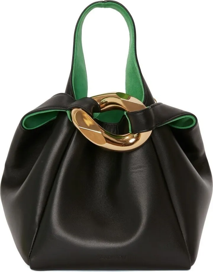 Black Chain Link Pochette Leather Top Handle Bag