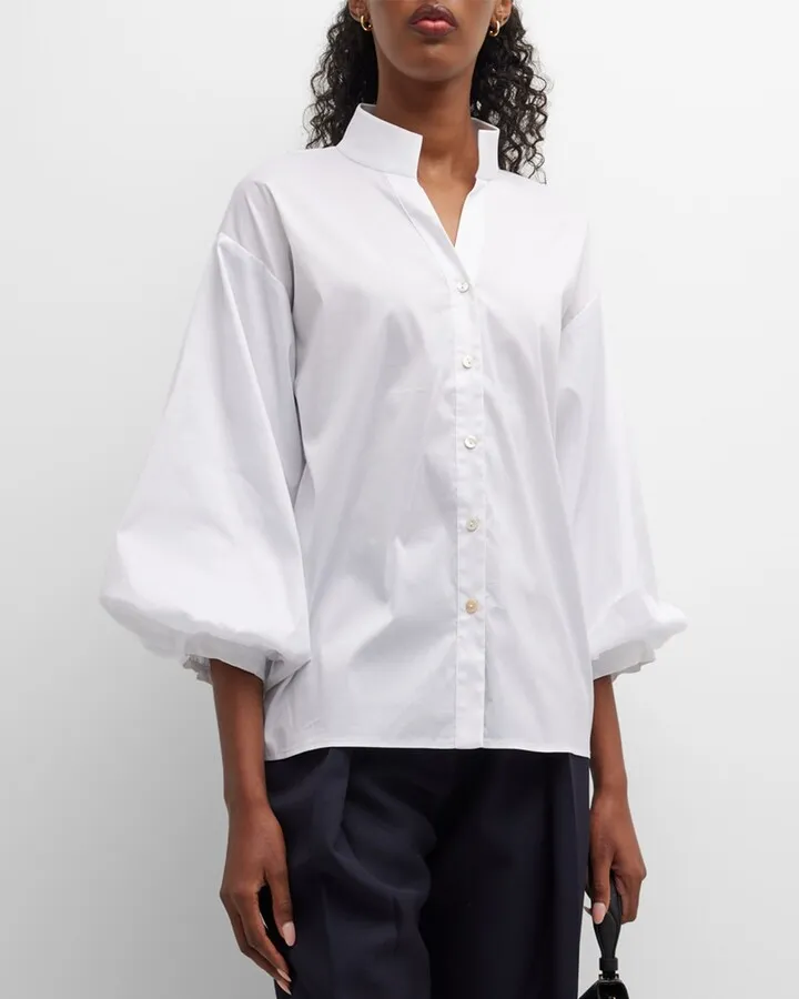 Blouson-Sleeve Stretch Cotton Blouse