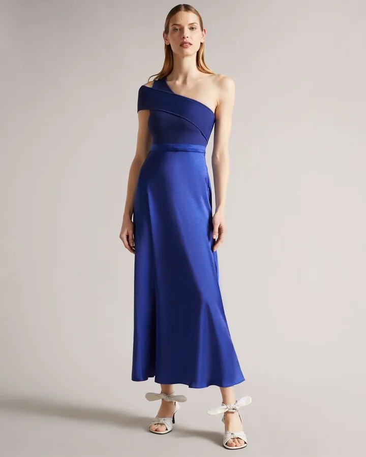 Asymmetric Knit Bodice Dress With Satin Skirt in Dark Blue