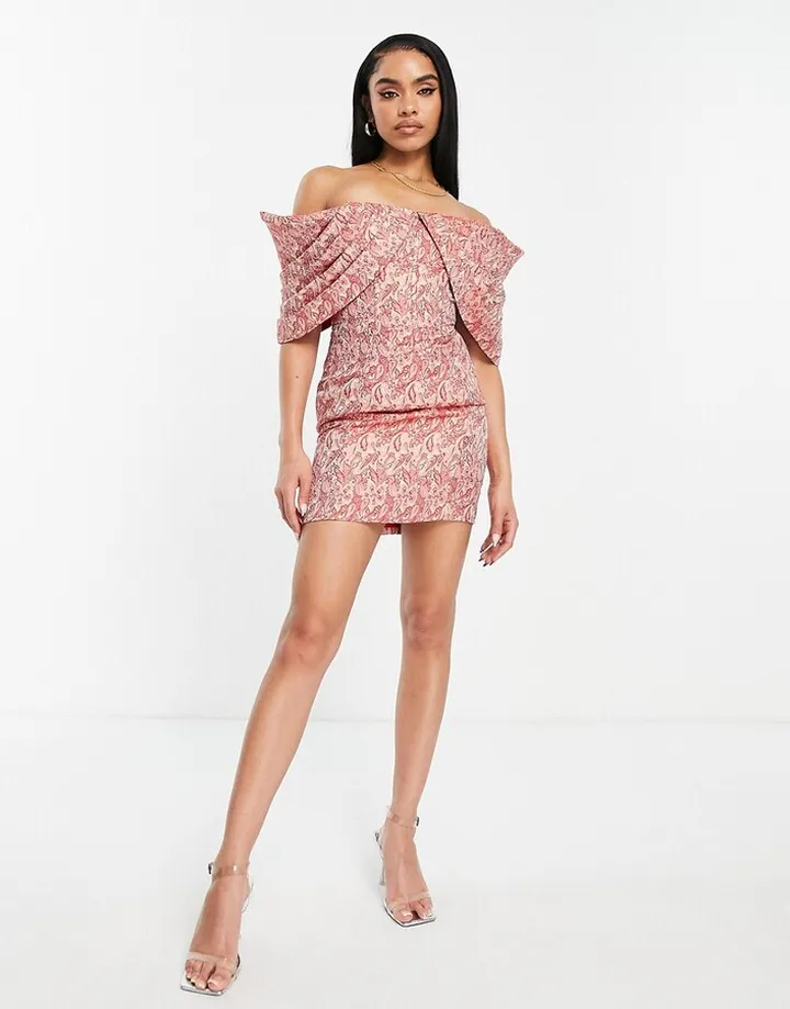 ASOS LUXE pleated Bardot jacquard mini dress in paisley print