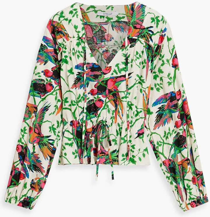Breanna gathered printed linen-blend gauze blouse