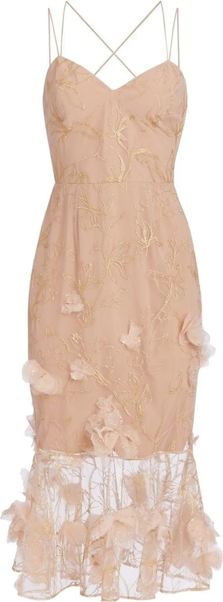Floral-Appliqué Embroidered Midi Dress