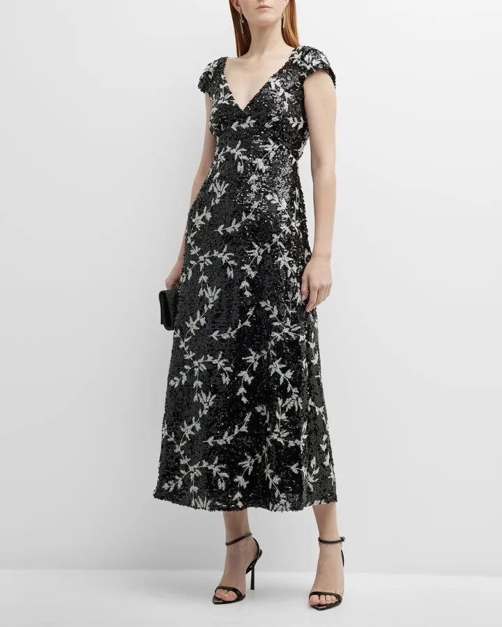 Floral Sequin Cap-Sleeve Midi Dress