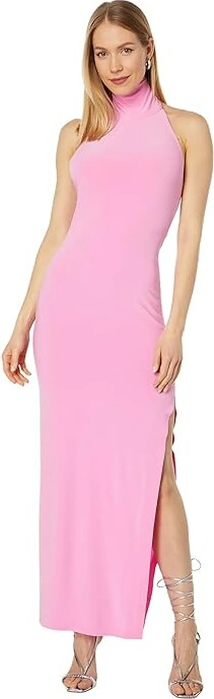 Norma Kamali Halter Turtle Side Slit Gown (Candy Pink) Women's Clothing