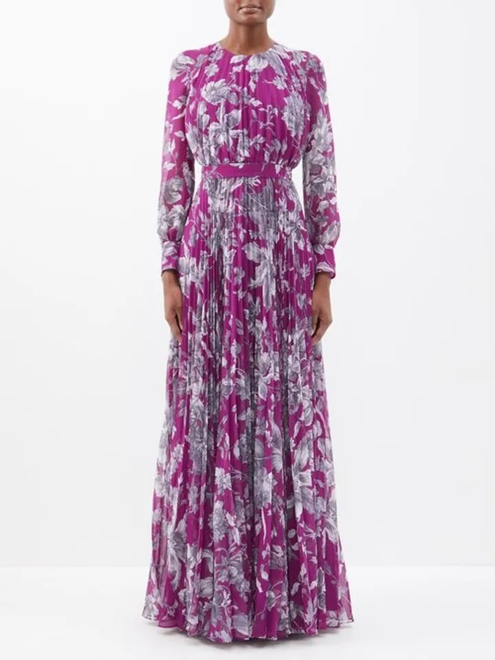 Lindsay Floral-print Pleated Voile Gown