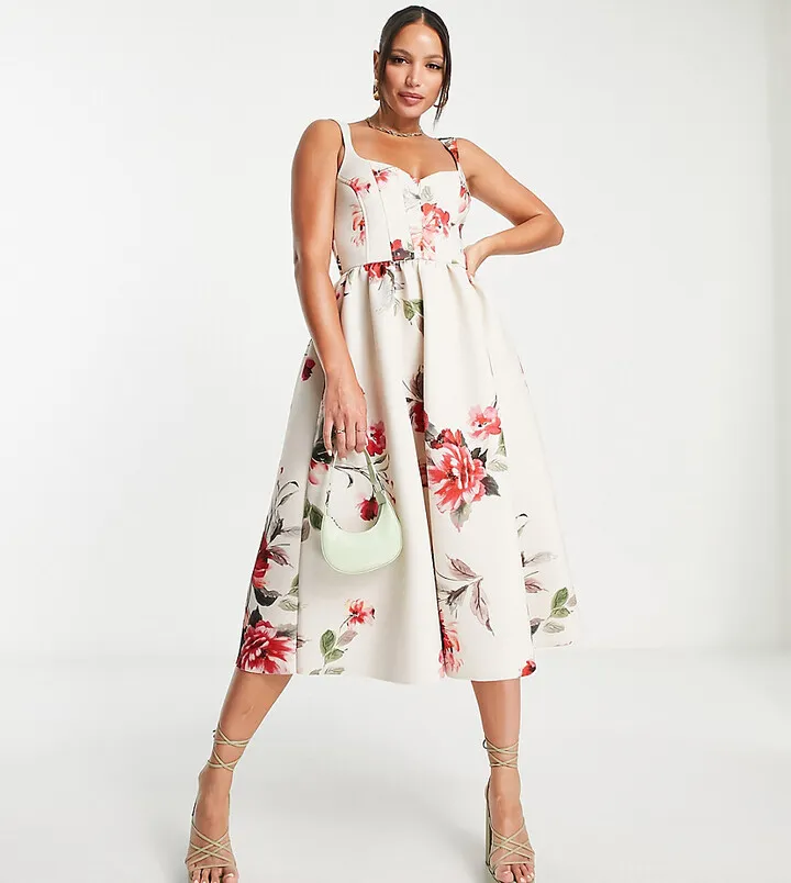 ASOS DESIGN Tall corset seamed midi prom dress in floral print