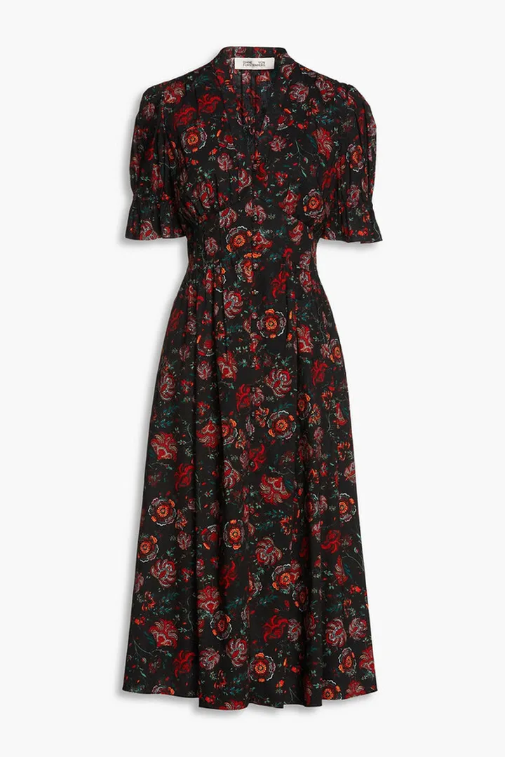 Erica gathered floral-print cotton-blend poplin midi dress