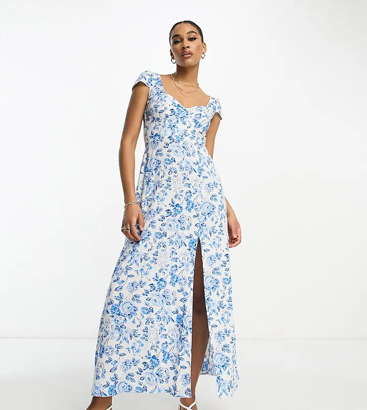 ASOS DESIGN Tall viscose sweetheart neck slit front midi dress in blue floral