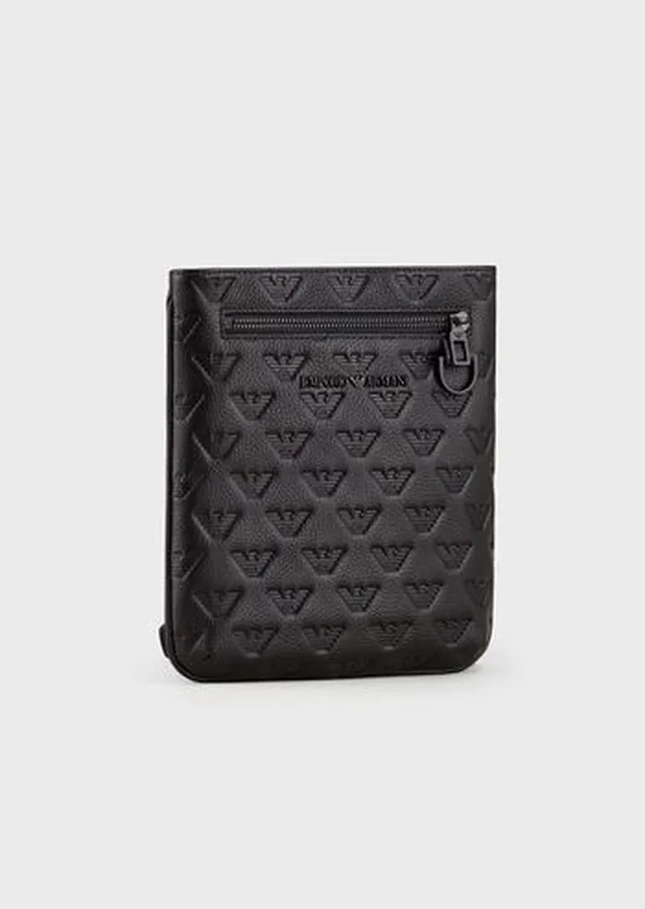 Flat leather shoulder bag with all-over embossed eagle