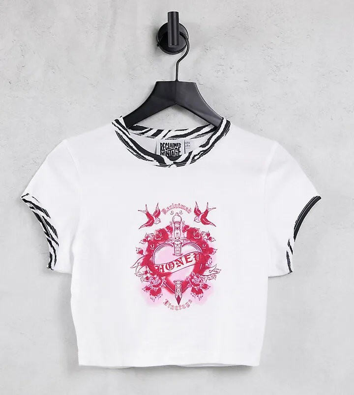 Reclaimed Vintage inspired shrunken t shirt with tattoo print and zebra binding in white