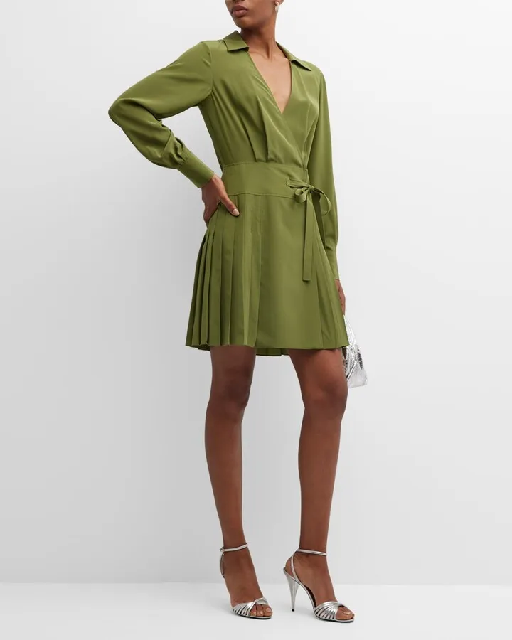 Pleated Long-Sleeve Wrap Shirtdress