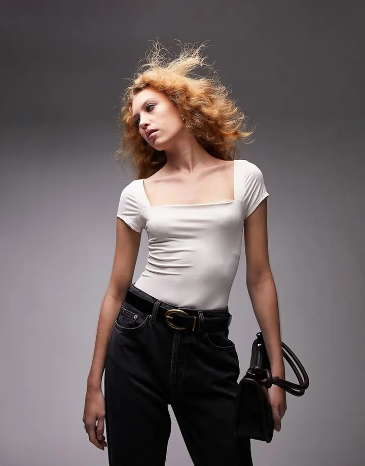 Topshop cap sleeve bodysuit in ivory