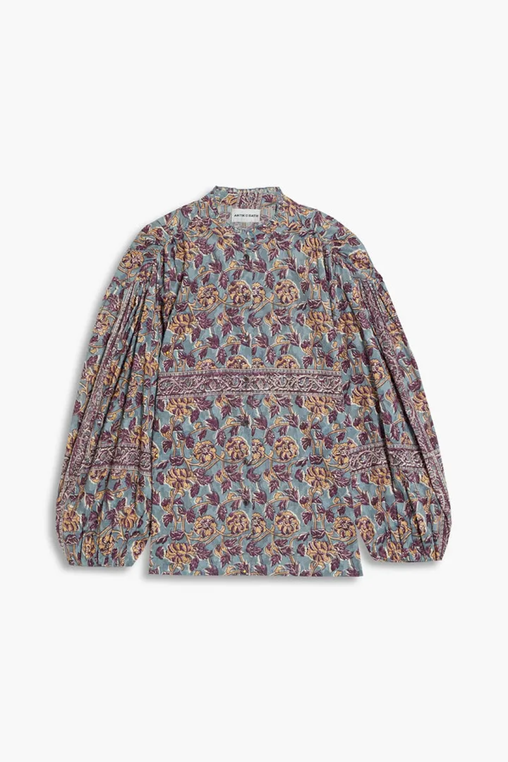 Fanny ruched floral-print cotton-jacquard blouse