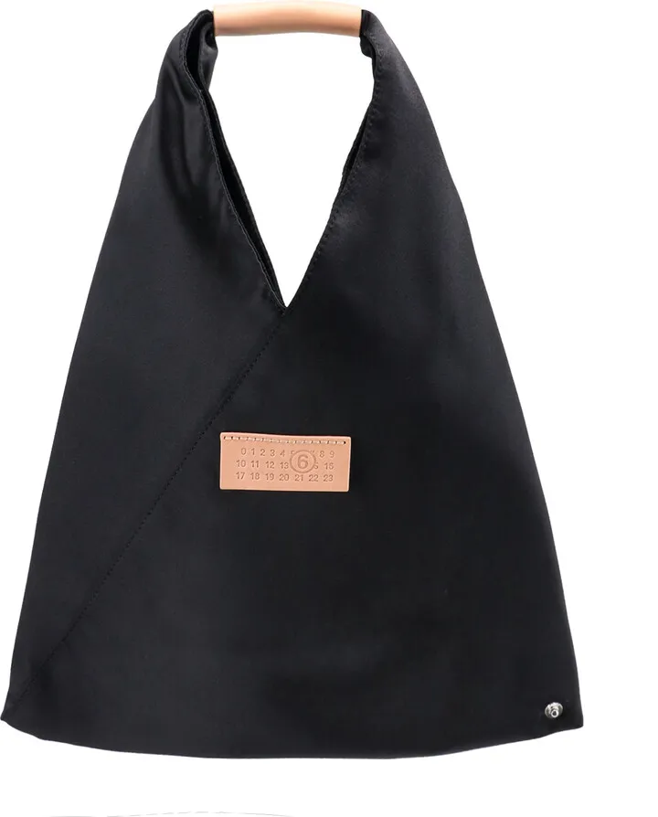 Satin handbag with leather logo patch