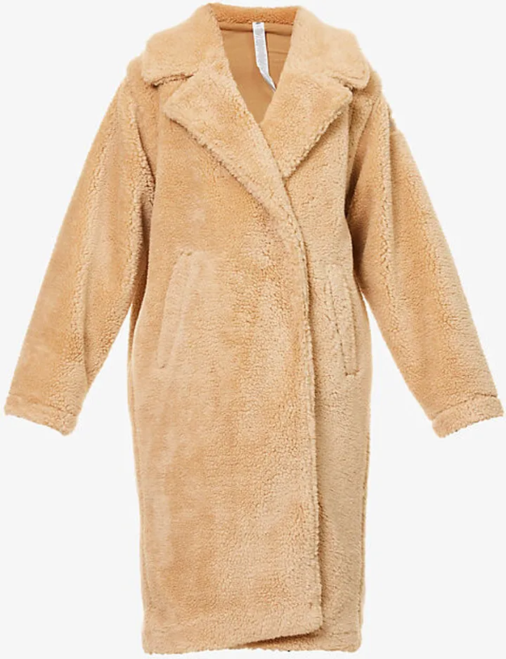 Womens Camel Sherpa V-neck Faux-fur Trench Coat