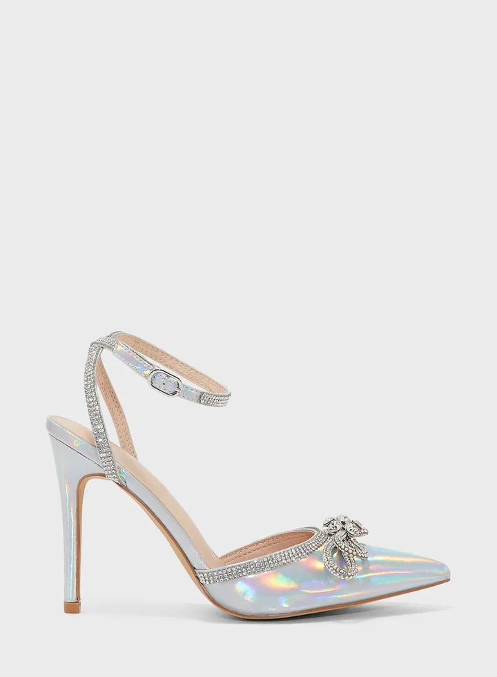 Iridenscent Diamante Bow And Trim Pointed Pump