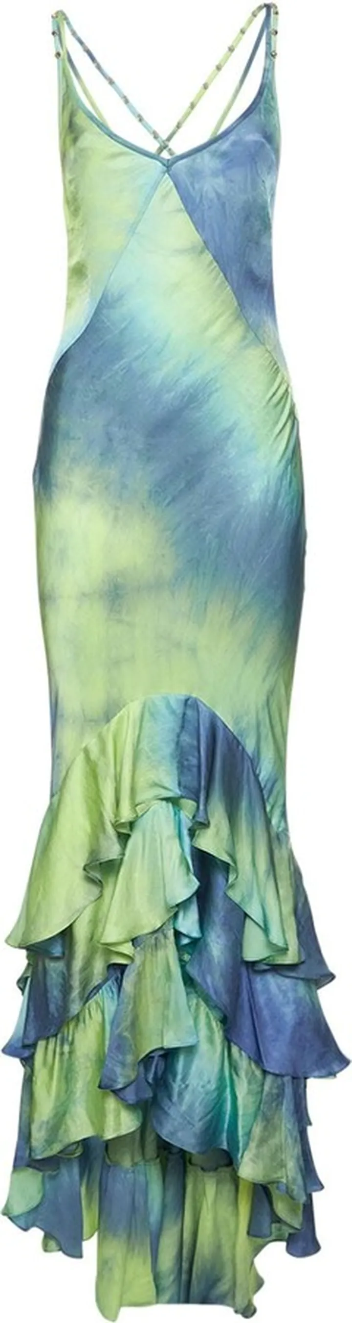 Viscose satin tie dye long ruffle dress