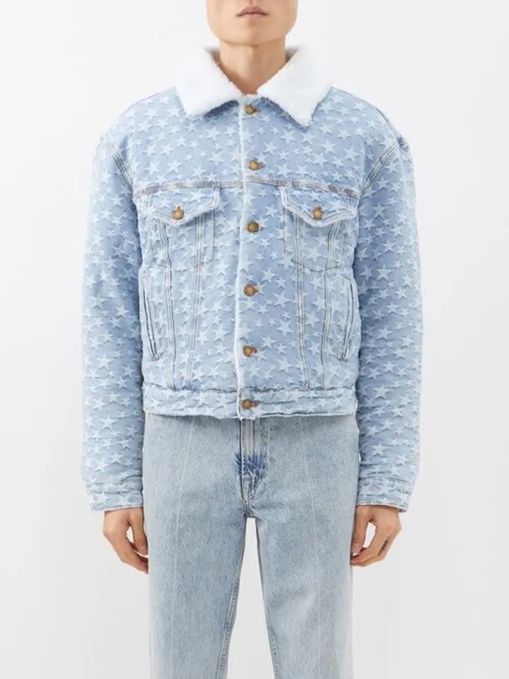 Faux Shearling-collar Star-jacquard Denim Jacket