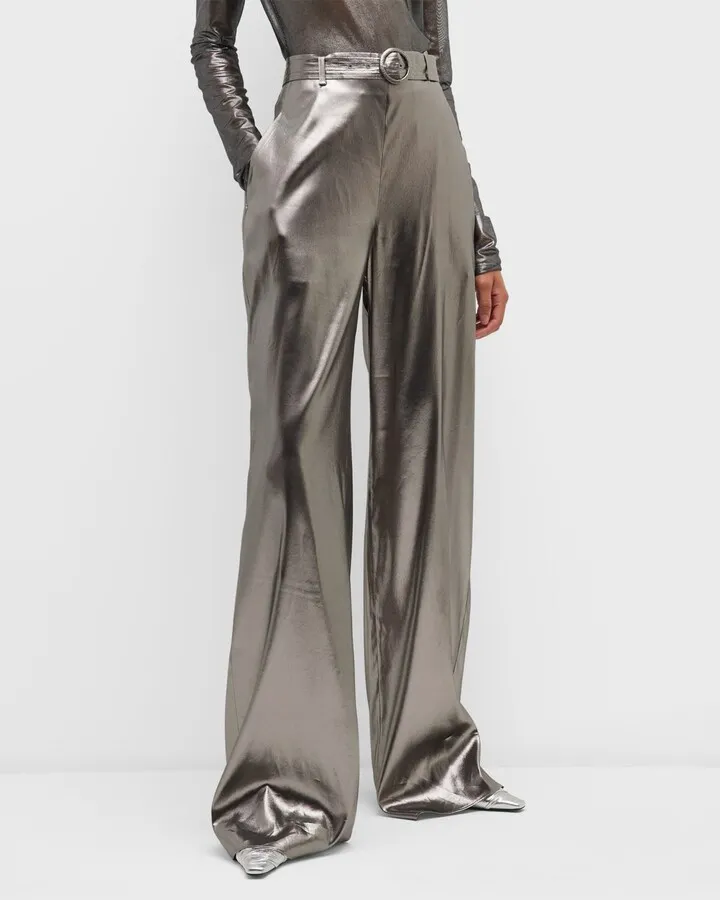 Belted Metallic Silk Wide-Leg Trousers