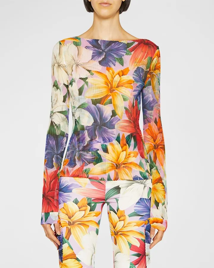 Bold Floral-Print Tie-Cuffs Pleated Top