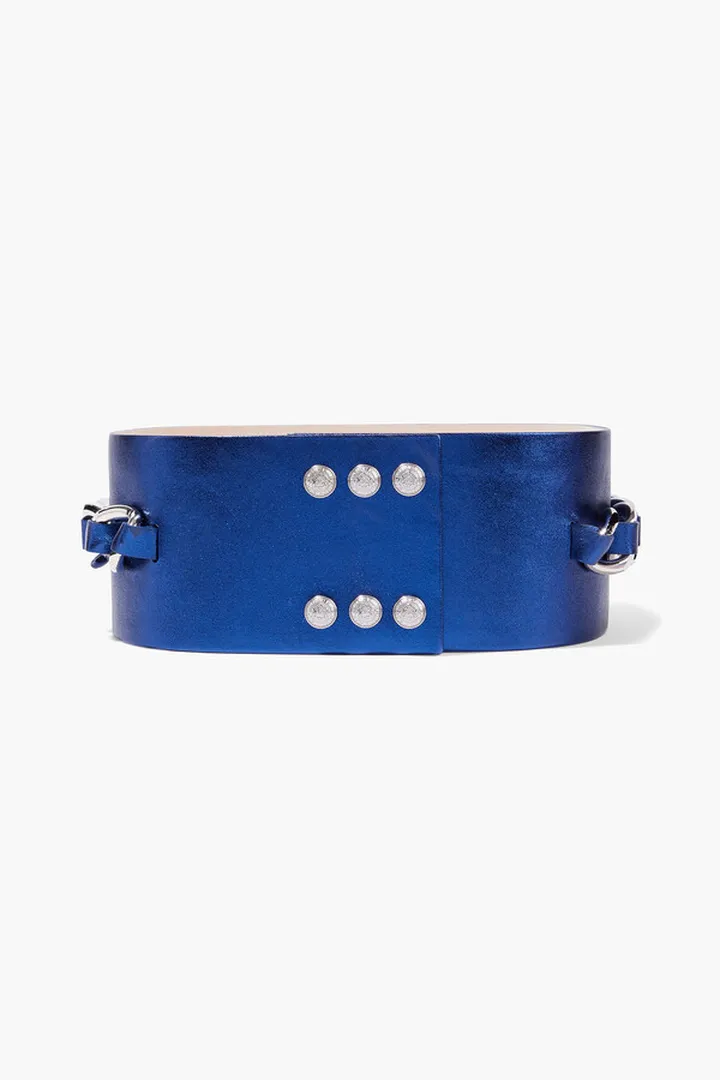 Chain-trimmed metallic textured-leather waist belt