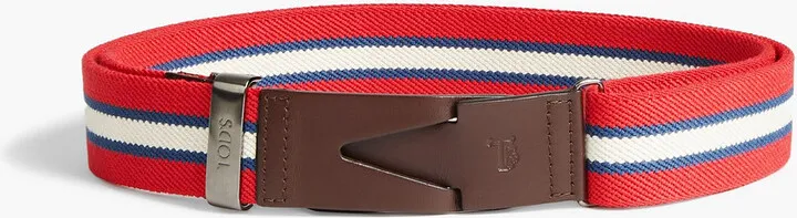 Leather-trimmed striped canvas belt