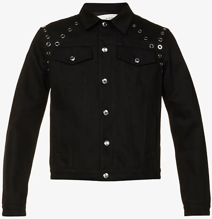 Mens Black Eyelet-embellished Collared Denim Jacket