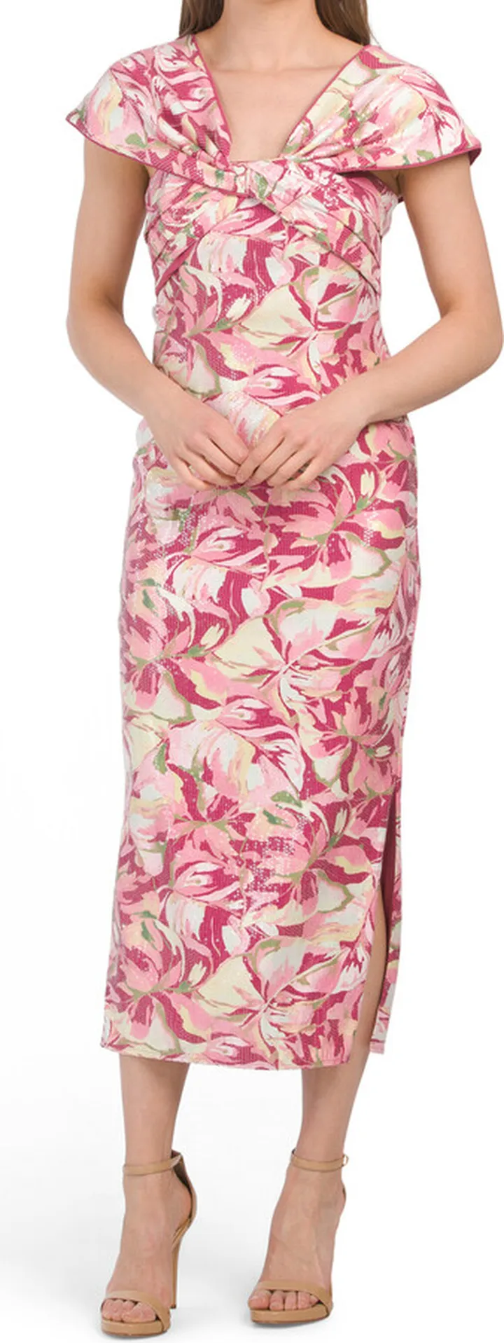 Marina Off The Shoulder Floral Sequin Midi Dress
