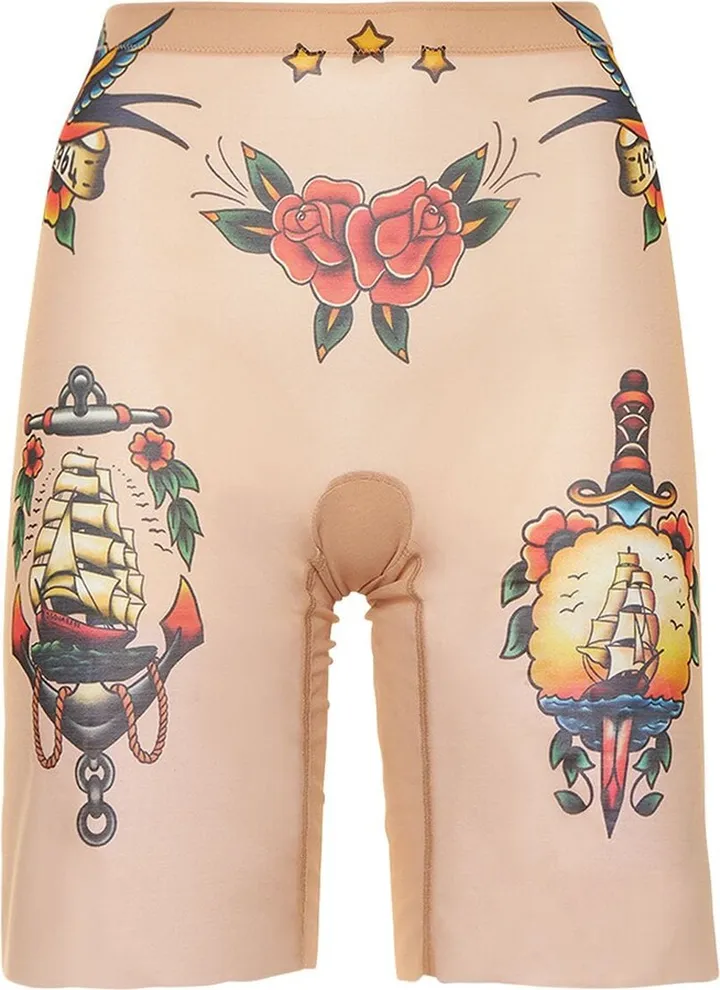 Tattoo printed sheer tulle bike shorts