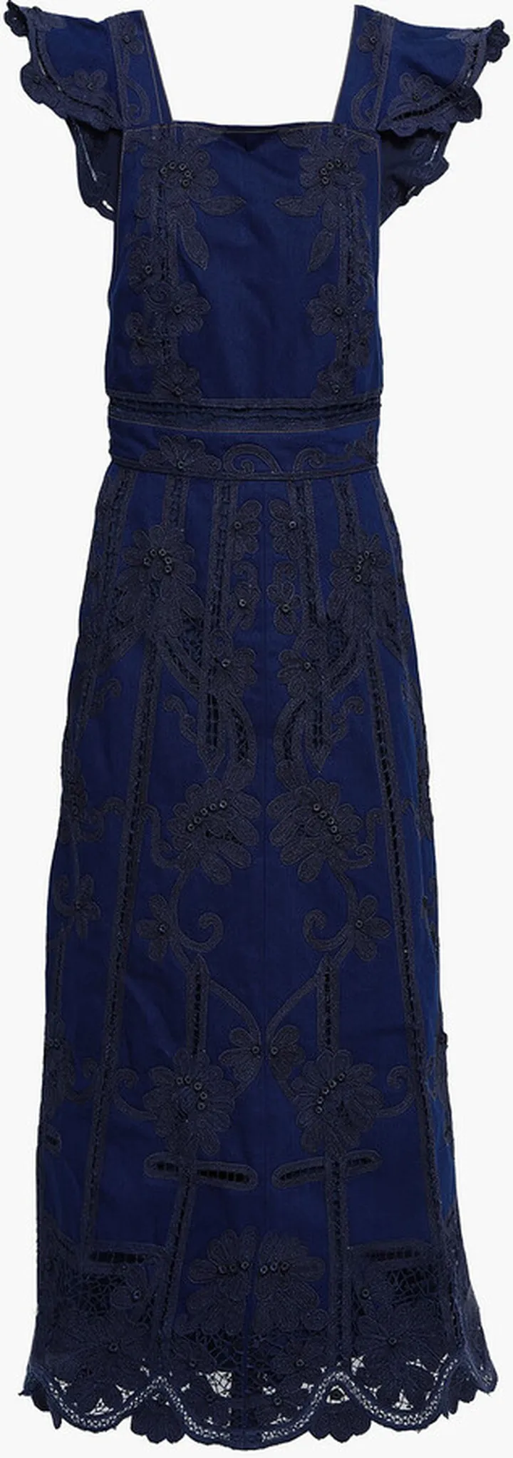 Open-back crochet-trimmed denim maxi dress