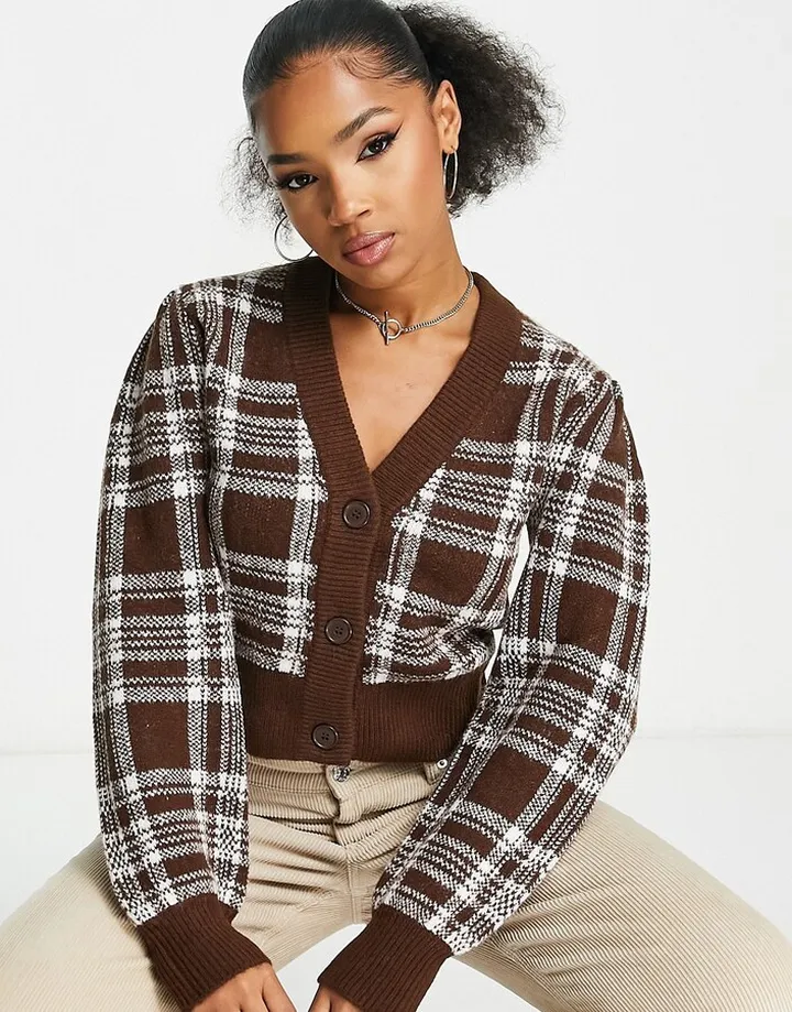 Monki cozy knit cardigan in brown plaid