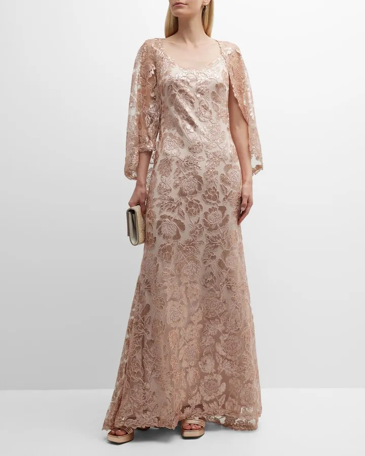 Sequin Floral Lace Capelet Gown