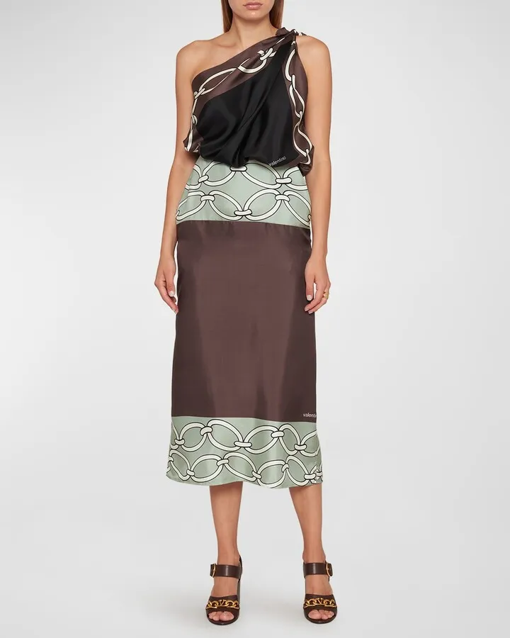 Chain 1967 Foulard-Print One-Shoulder Twill Midi Dress