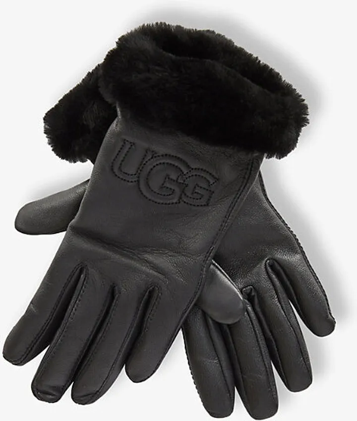 Ugg Womens Black Classic Logo-embroidered Leather and hearling Gloves