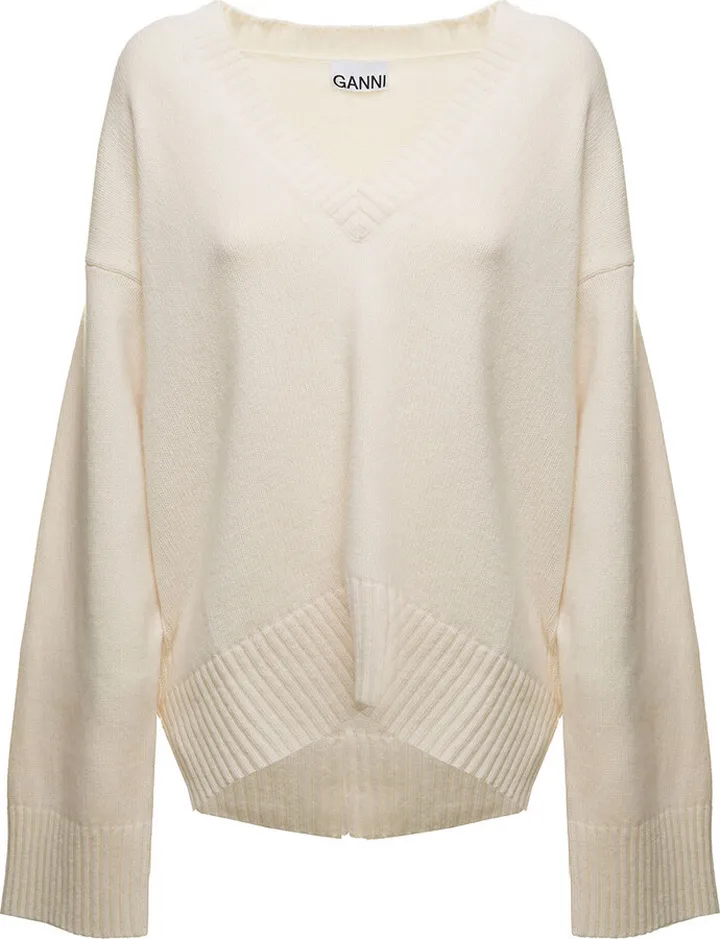 White Sweater In Wool With Deep V-neckline Ganni Woman