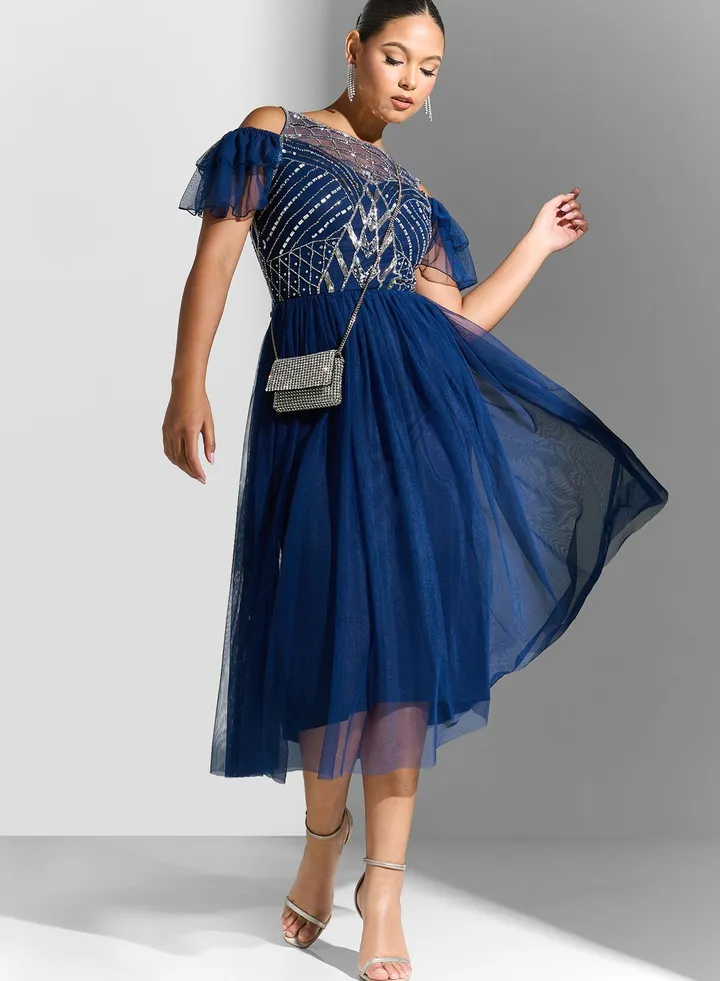 Cold Shoulder Embellished Tiered Dress