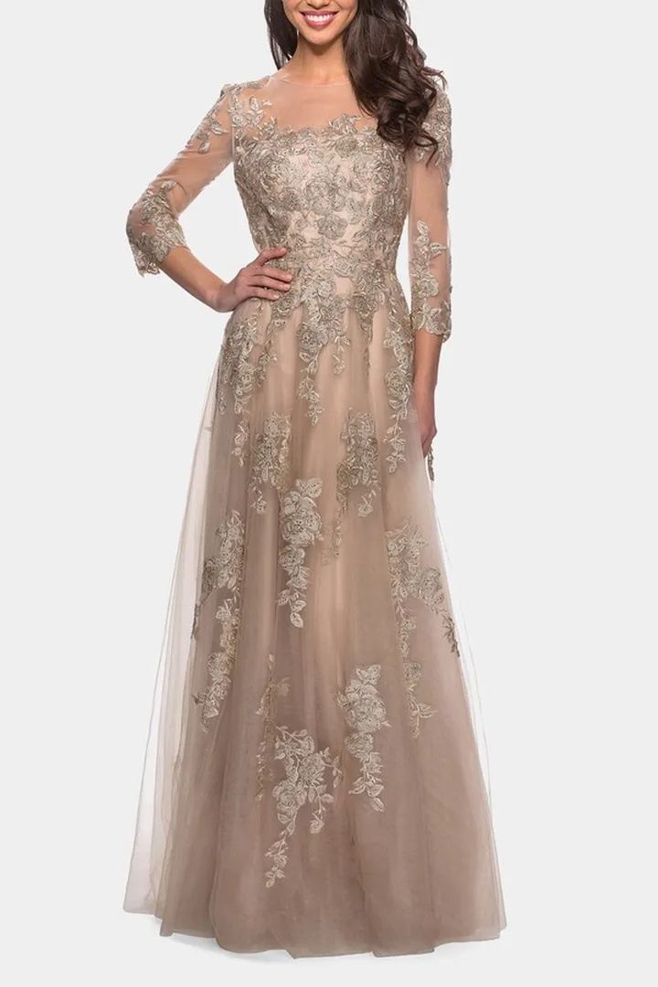 Long Lace Dress Sheer Three Quarter Sleeves
