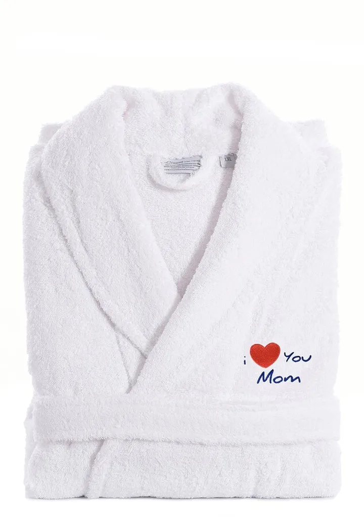 'I Love You Mom' Embroidered White Terry Bathrobe