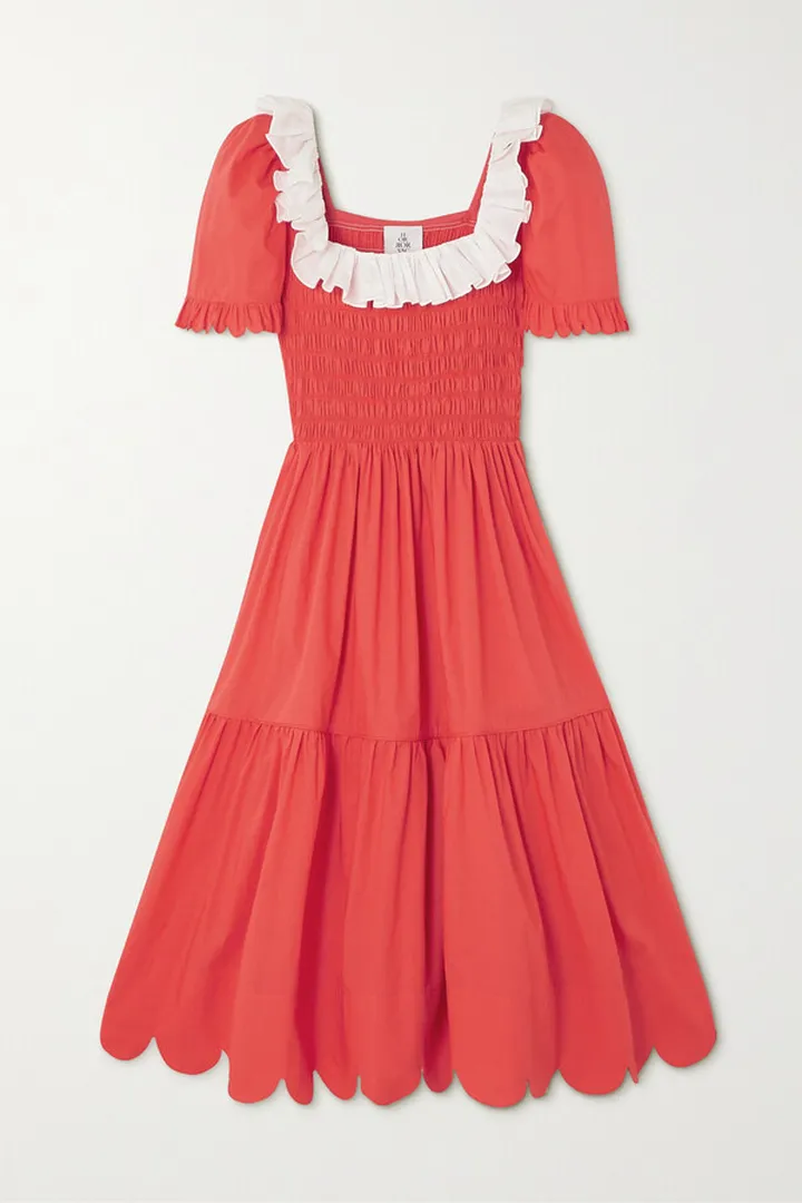 Horror Vacui - Laura Shirred Scalloped Tiered Cotton Midi Dress - x small