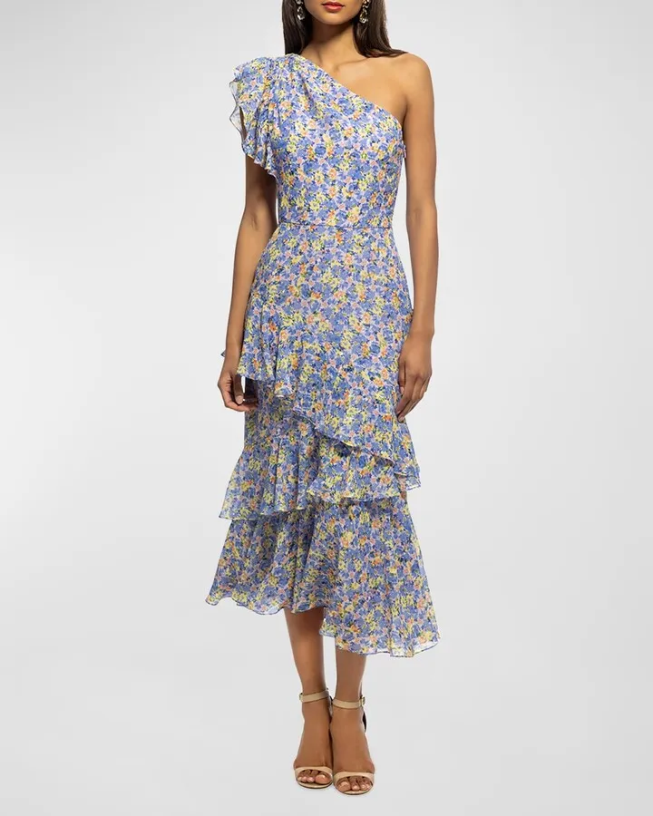 One-Shoulder Floral-Print Tiered Midi Dress