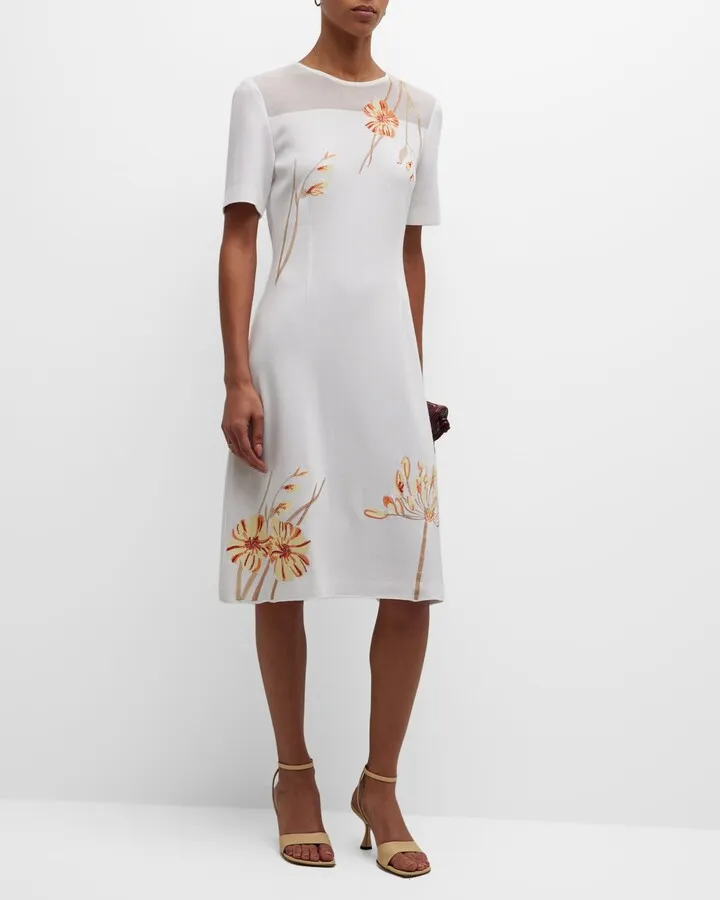 Floral-Embroidered A-Line Midi Dress
