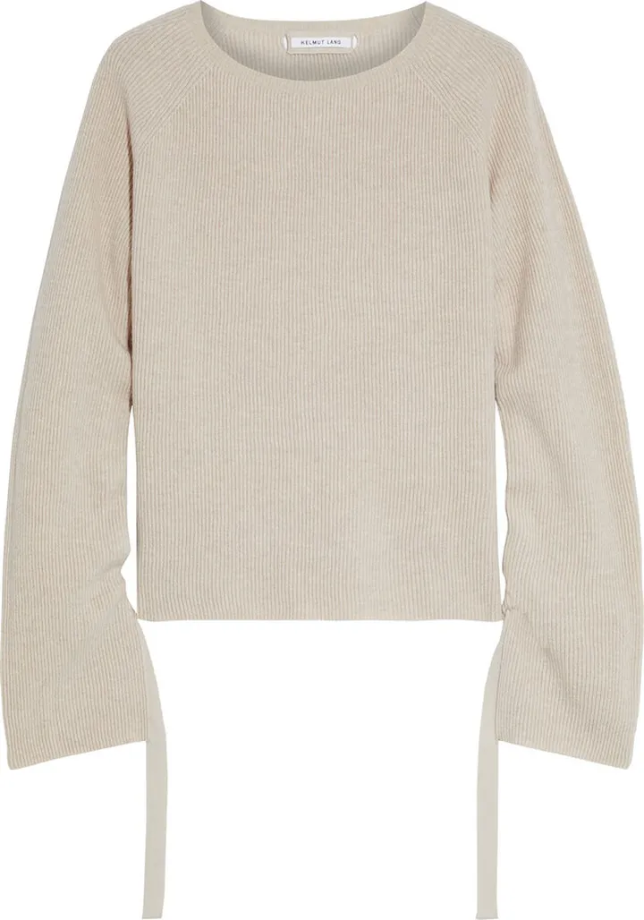 Tie-detailed ribbed wool and cashmere-blend sweater