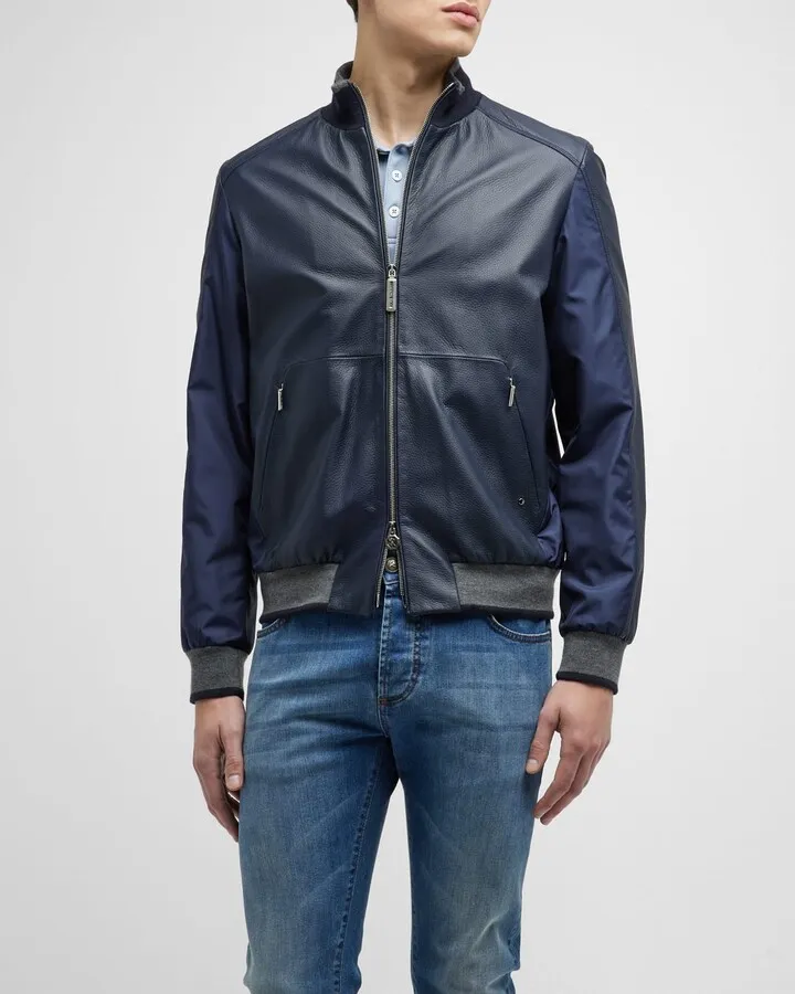 Men's Leather and Silk Bomber Jacket