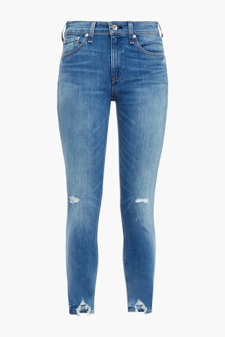 Distressed mid-rise skinny jeans