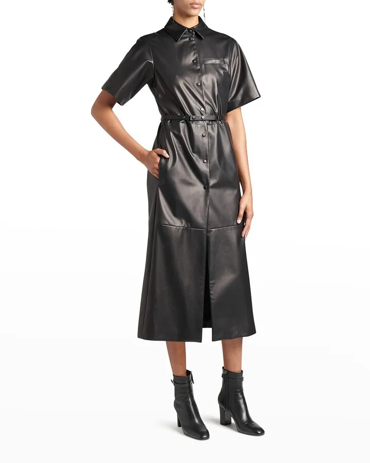 Belted Nappa Leather Midi Shirtdress