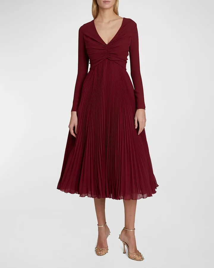 Ruched Empire-Waist Pleated Midi Dress